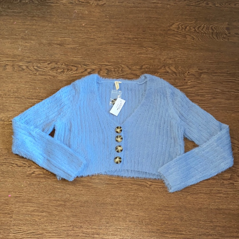 Sky and Sparrow Blue Crop Fuzzy Cardigan